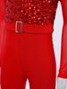 Bell-Bottom Jumpsuit for Girls: Mock Neck Long Sleeve with Sequins Bodice, Sheer Mesh & Back Cutout for Competition