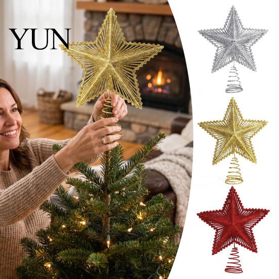 Holiday Party Ornament Glitter Star Christmas Tree Topper, Hollow Treetop Ornament, Top Accent Piece Sparkling Decoration for Home Decor Gold Silver