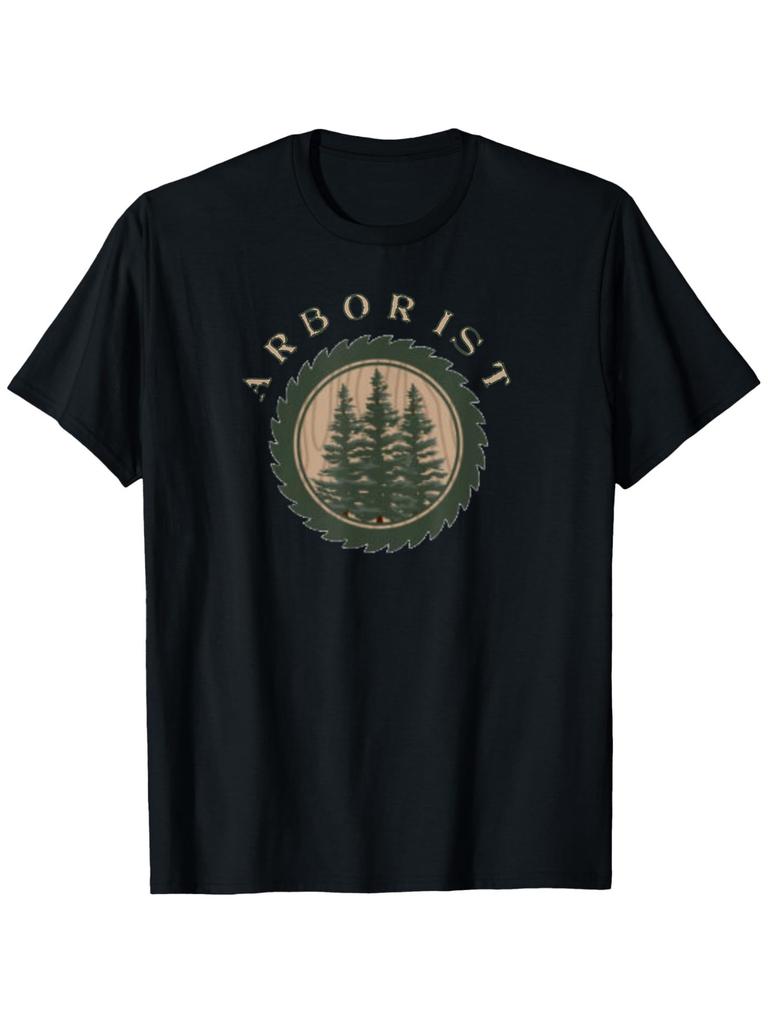 A T-Shirt Featuring a Pine Tree Logging Design, Suitable for Men, Round Neck, in Black