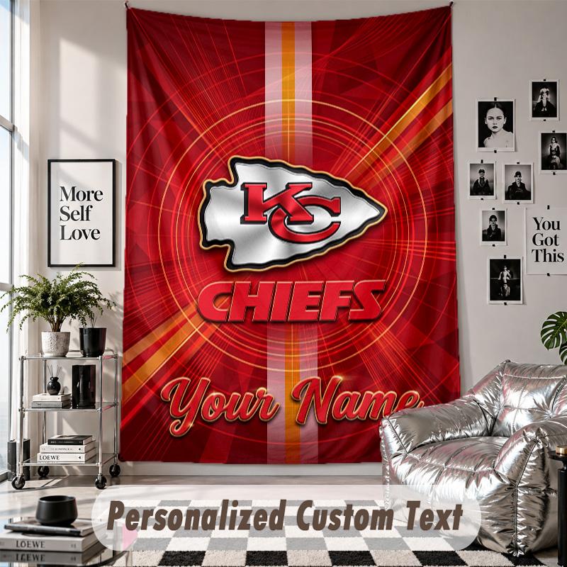 Wall Hanging Tapestry With Custom Name & Text, Kansas City Chiefs Decorative Tapestry For Bedroom