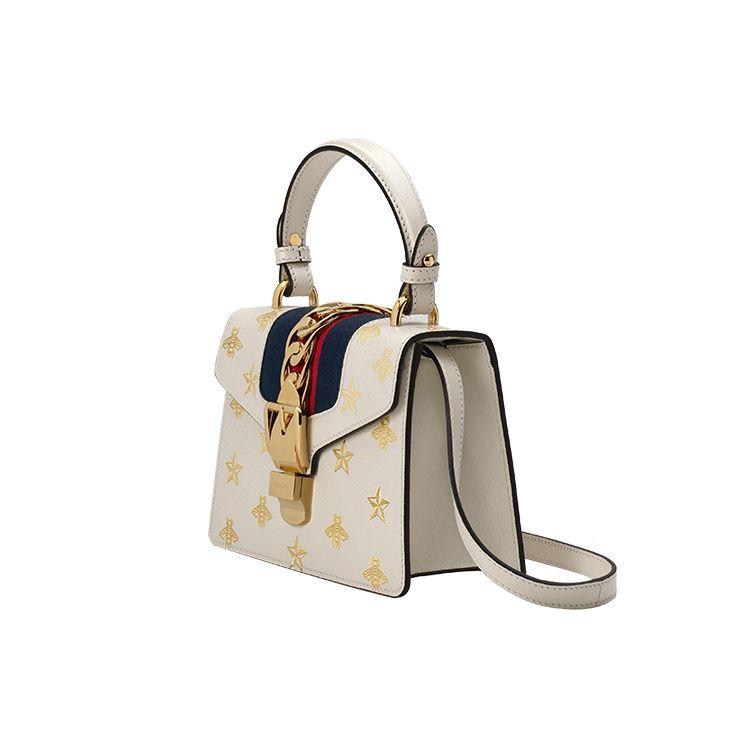Gucci Sylvie Gold Buckle Bee Star Pattern Striped Web Leather Crossbody Bag Women bags White 470270-DJ2SG-8963