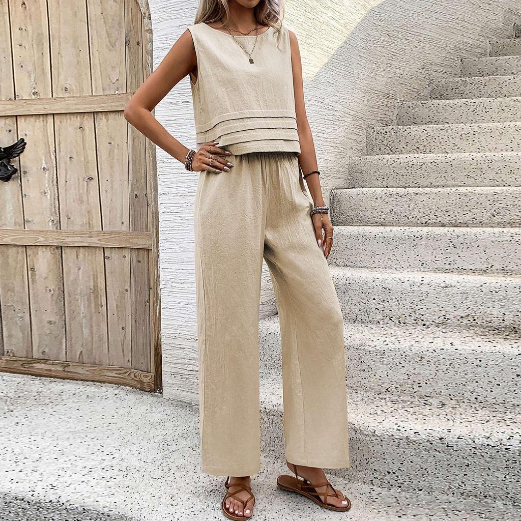 Женский модный повседневный однотонный короткий топ без рукавов с эластичной резинкой на талии, комплект из двух предметов