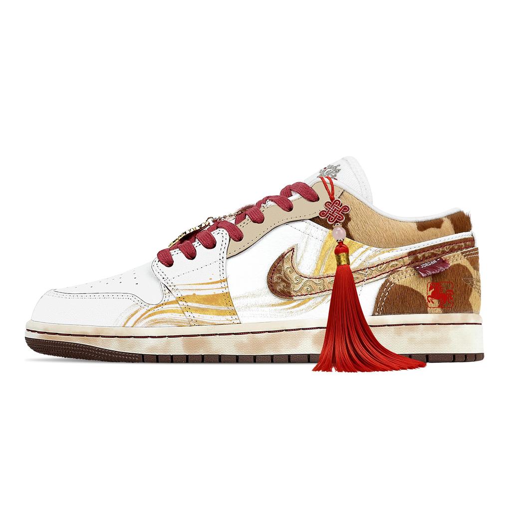 Jordan Air Jordan 1 Year Of The Horse Greetings Abrasion Resistant Low top Vintage Basketball Shoes Men's Brown White IQ5321-121(Team529-)