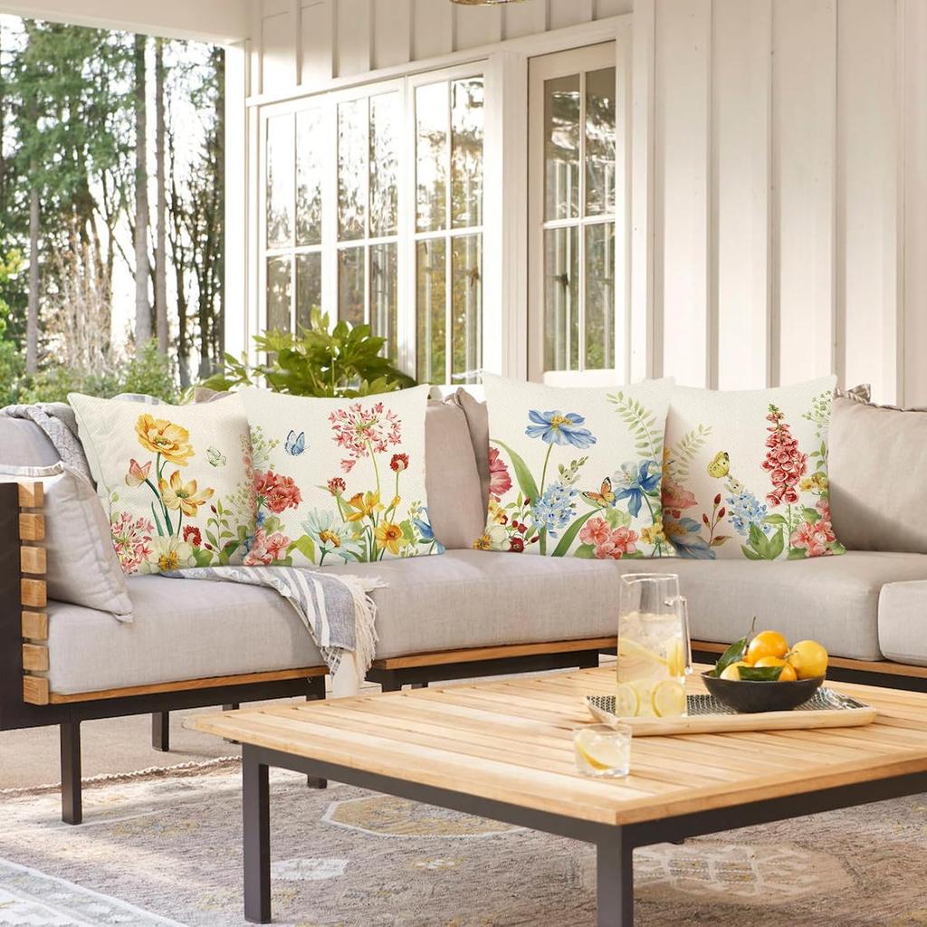 4Pcs Watercolor Flower Butterfly Printed Pillow Cover Polyester Cushion Case 2D Flat Printing Pillowcase Garden Fresh Style