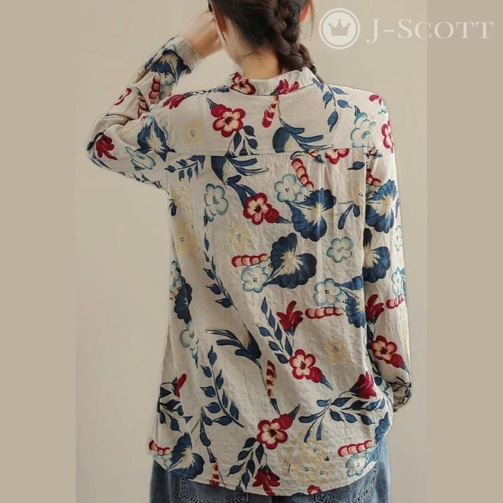 Женская блузка-рубашка J-Scott с цветочным принтом, на пуговицах спереди, с длинными рукавами, свободного кроя, повседневная, с ощущением льна, белая, JS127-WH-XL
