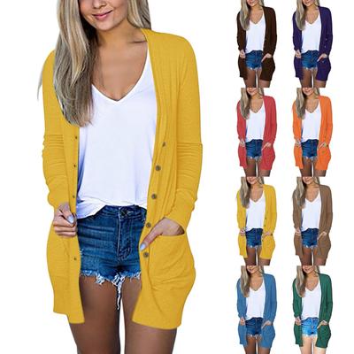 Женская мода Свободный повседневный карманный однотонный кардиган с длинными рукавами на пуговицах Куртка Топы