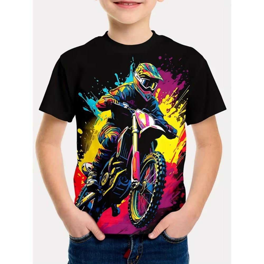 Funny Motorcycle Rider Print Kids Short Sleeves T-Shirt Loose Casual Summer Outdoor Street Boy and Girl Tees Tops