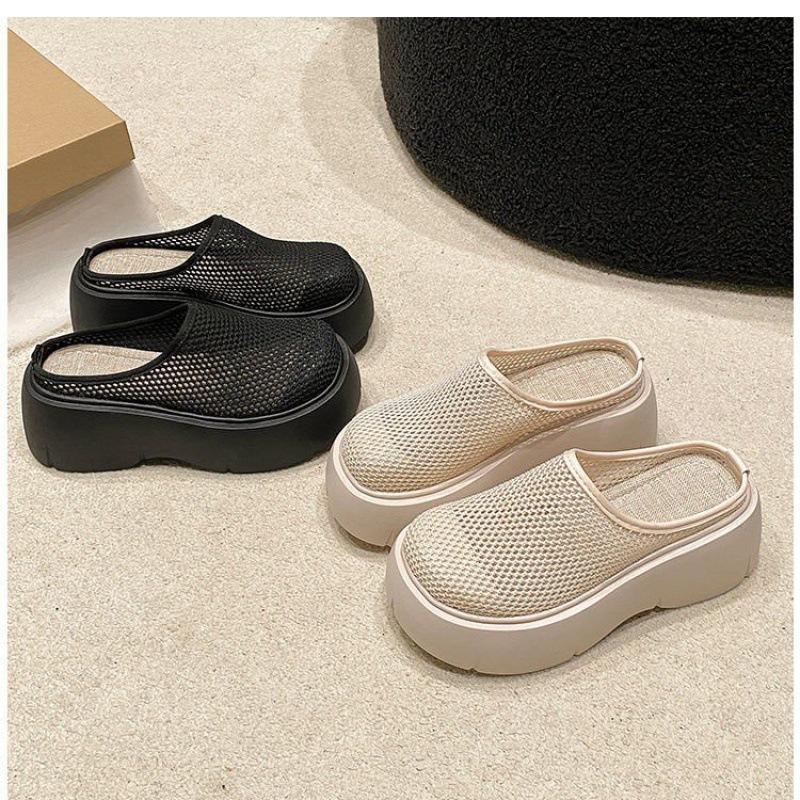 Тапочки-полушапки с толстым дном, женские, новинка 2025 года, летняя верхняя одежда, ажурная сетка, маленькие тапочки-бублики, увеличивающие рост