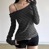 Harajuku Basic Slim Long Sleeve Stripe Tee Off Shoulder O Neck Korean Street Style Spring Autumn Y2K Women's Gray T Shirt