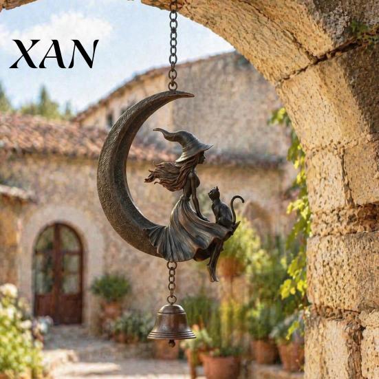 Indoor Outdoor Decorative Bells Witch Moon Wind Chime, Gothic Crescent with Black Cat Hanging Bell, Bohemian Style Decor Mystical Garden for