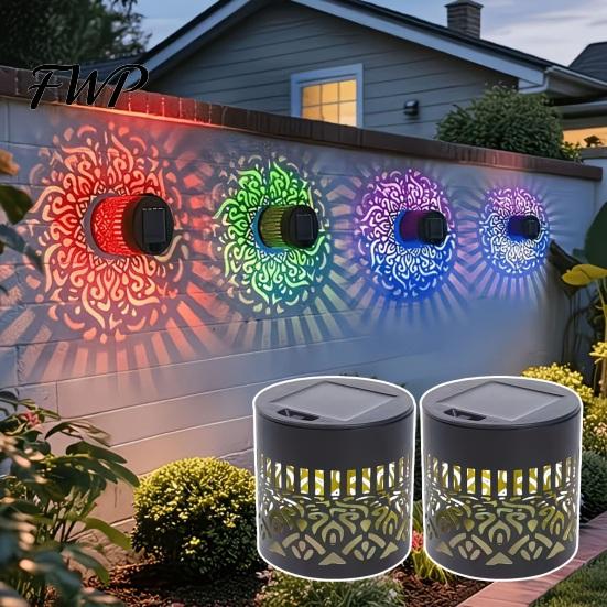 Metal Pattern Solar Lights Wall Light, 7 Color Changing Fence Outdoor Projection Seven LED Lamp, Waterproof Garden Lamp for Yard Patio Backyard Decor