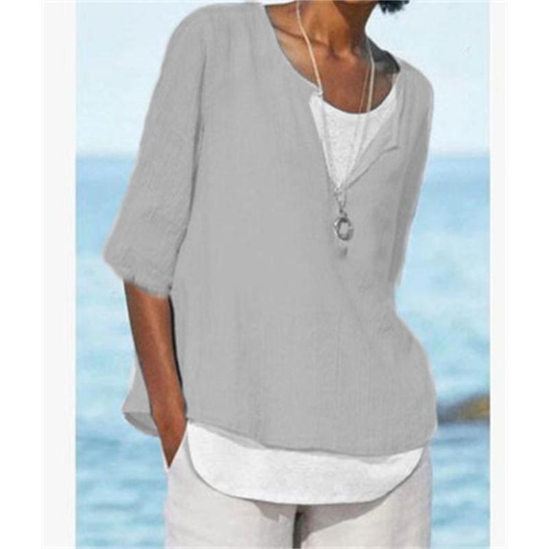 DAFIFY Женские модные повседневные летние весенние однотонные блузки и рубашки с круглым вырезом и рукавами 1/2 с принтом