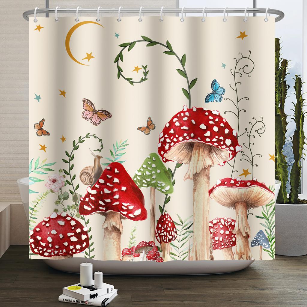 Гриб Занавеска для душа Цветок Зеленый лист Растение Лес Бабочка Ботанический Цветочный Белка Эстетика Водонепроницаемая Занавеска для ванной