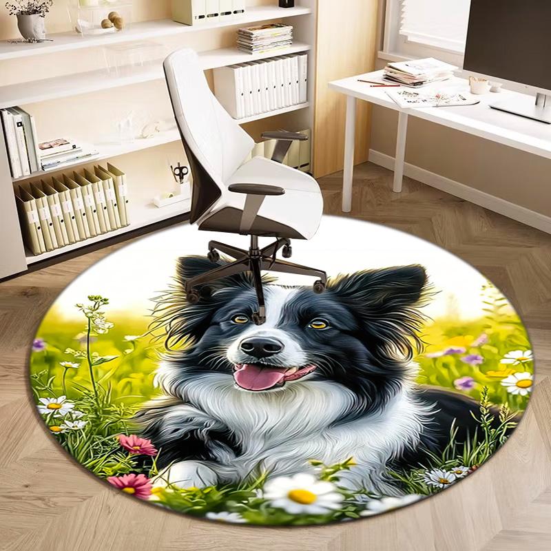 1Pc Cute pet Chihuahua Border Collie Printed circular carpet, home door mat, outdoor travel protection carpet