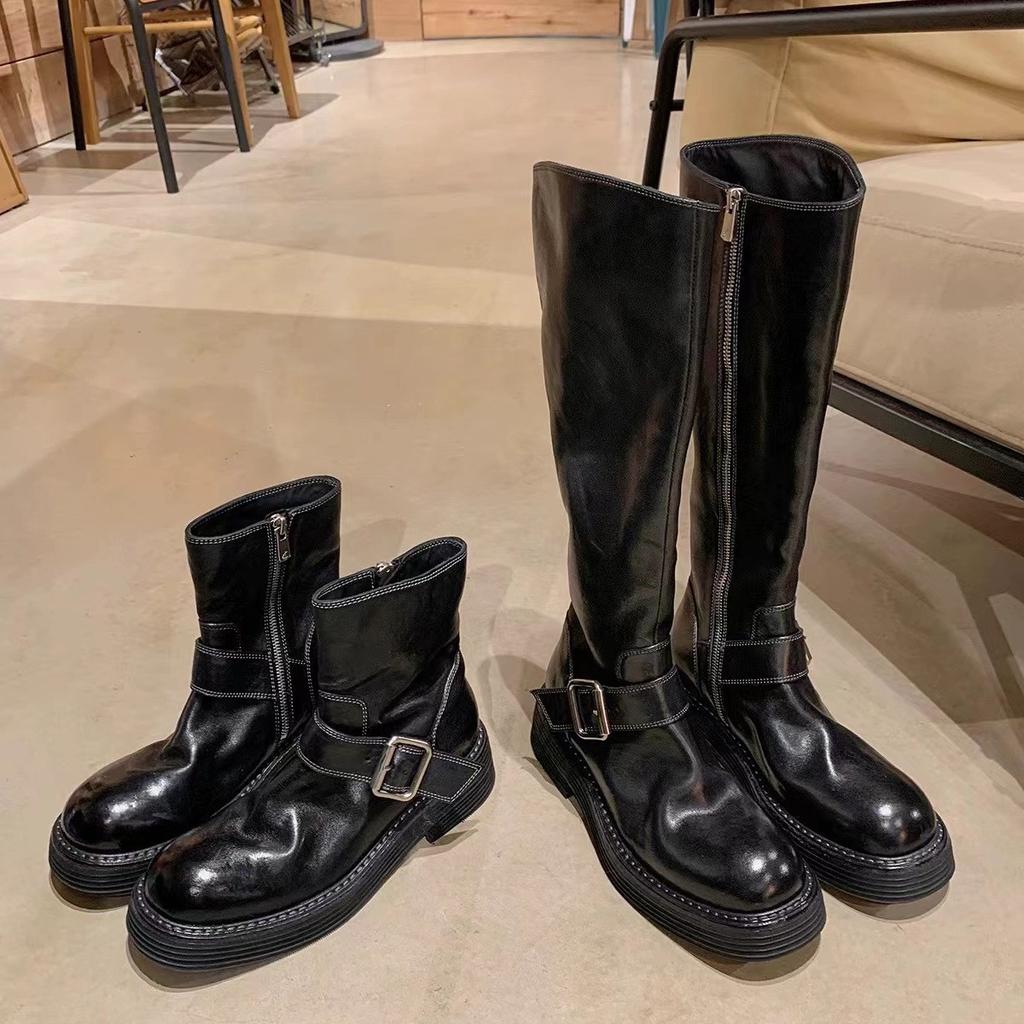 Новое место виноград мать ретро пряжка ремня ботинки мартин толстая подошва вымытая лошадиная кожа круглый носок толстый каблук полусапоги дети