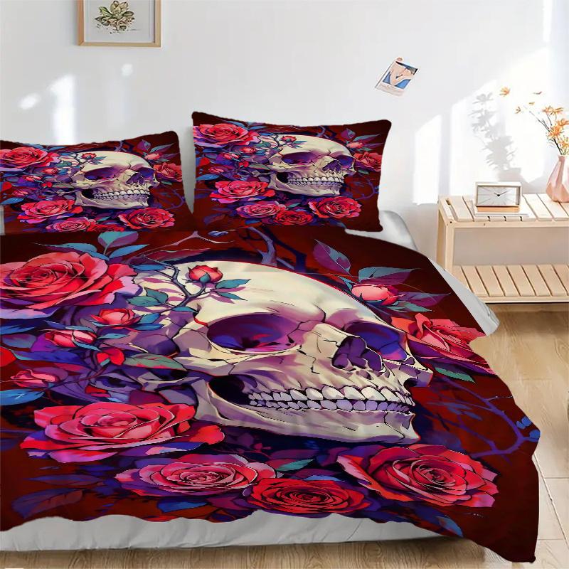 3pcs Skull and Roses Quilt Cover Set - Soft & Comfortable Polyester Fabric, All-Season Breathable Comforter Set For 1 Quilt Cover & 2 Pillowcases