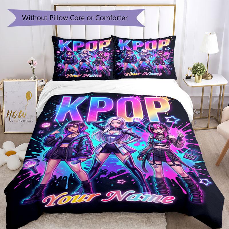 3PC Custom Name "KPOP Stars Shine Bright" Bedding Set Duvet Cover Closure Includes 1 Duvet Cover & 2 Pillowcases for Bedroom