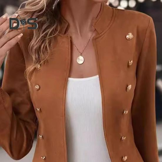 Женская куртка с воротником-стойкой, длинный рукав, двубортный короткий костюм, пальто, однотонная деловая верхняя одежда