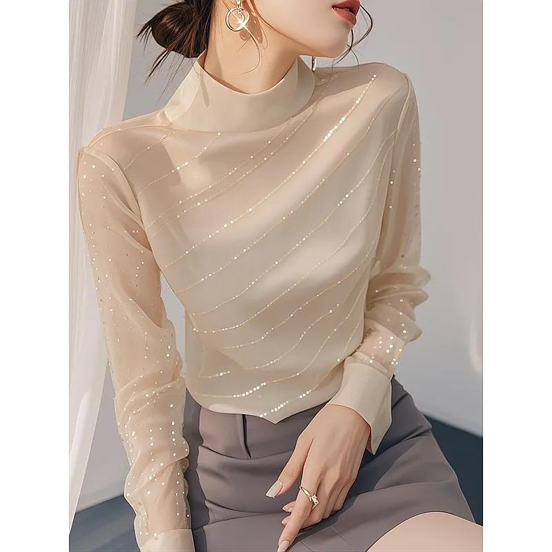 French Light Luxury High-end Sense of Fine Flashing Blouse Temperament Blouse Sequined Long-sleeved Women's Spring and Summer