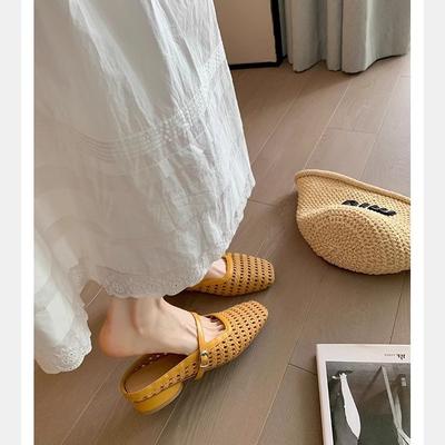 Виноградная мать того же стиля, ретро плетеные полые квадратный носок с толстым каблуком сандалии Мюли полушлепанцы женские лето новые