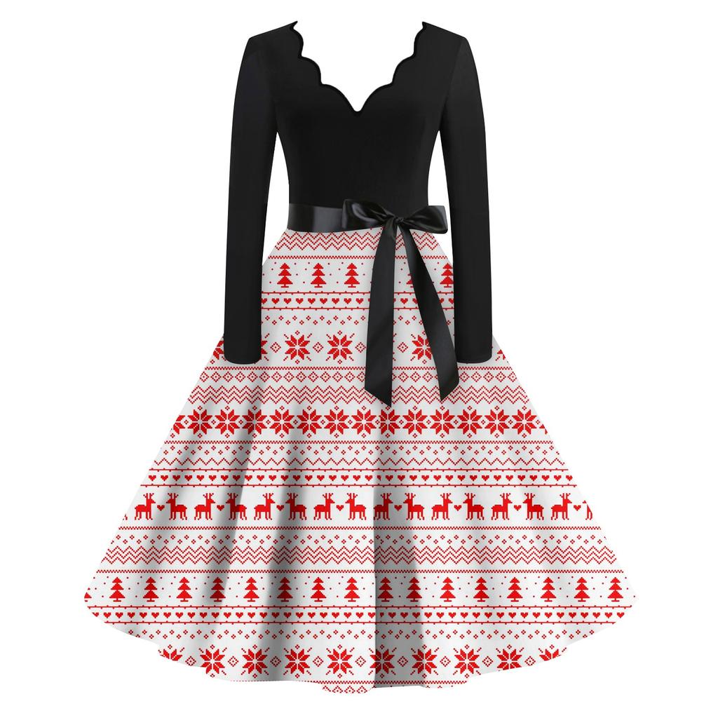 Женское повседневное модное платье с V-образным вырезом и длинными рукавами в стиле ретро с рождественским принтом в стиле ретро, осень