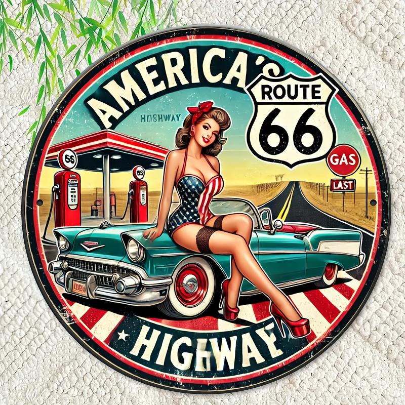 Винтажный Дорожный Знак Americas Highway Круглая Металлическая Банка Ретро Девушка Пин-ап Классический Автомобиль Настенный Декор для Гаража Мужской Комнаты Бара