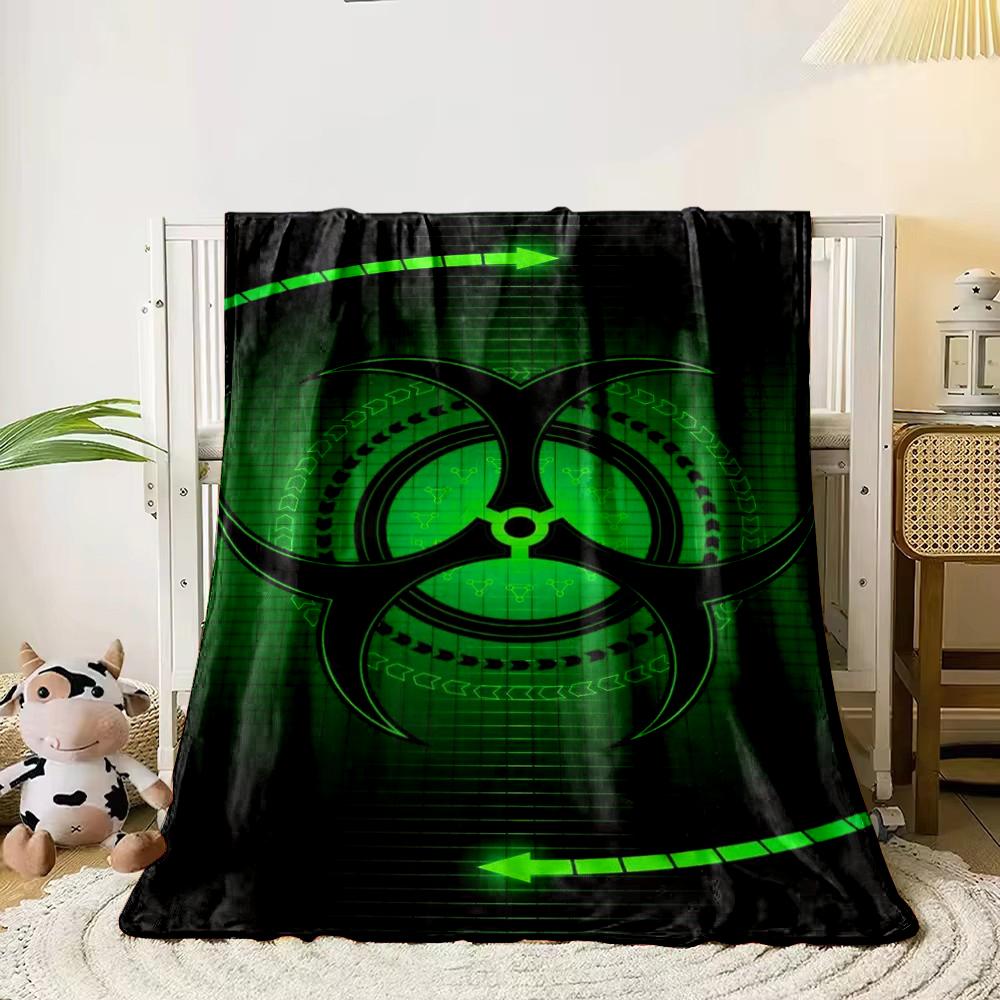 "Green Biohazard Symbol with Futuristic Design" Flannel blanket for bedroom, living room, sofa, and nap sofas.