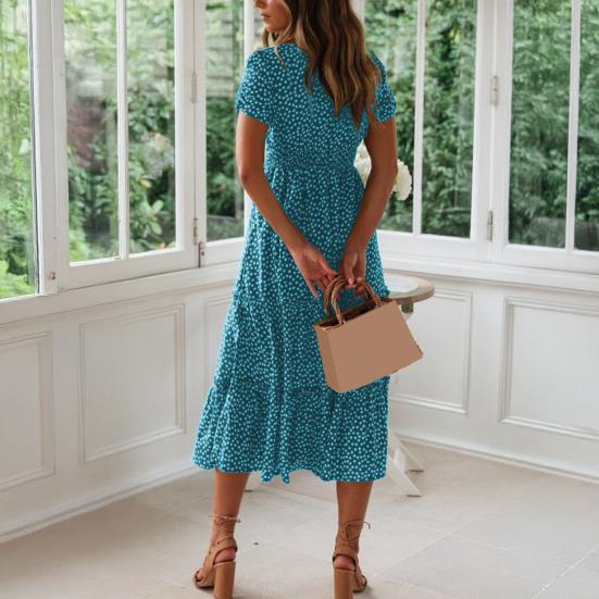 Women's Summer Floral Dress Short Sleeve Square Neck Ruffle Tiered Swing A Line Dress Casual Flowy Boho Beach Sundress