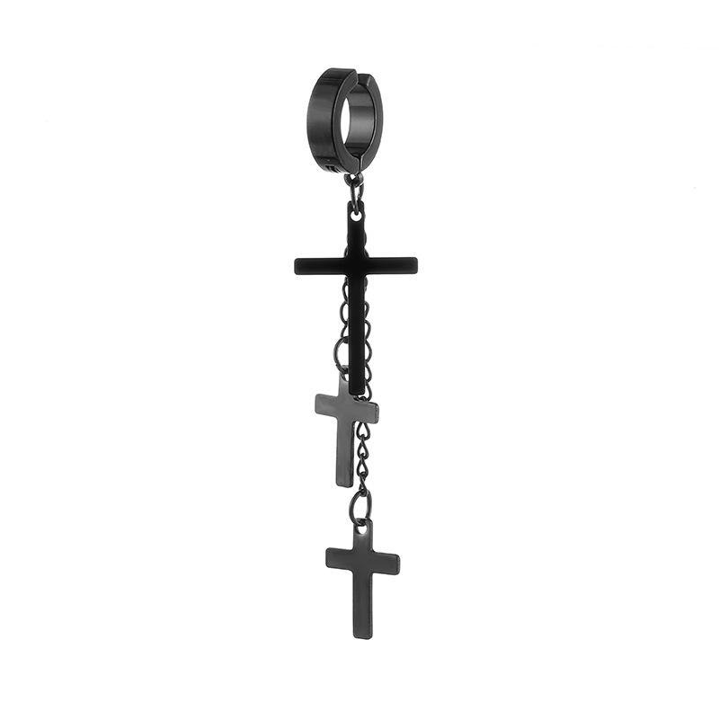 Punk Cross Drop Stud Earrings Long Chain Tassel Titanium Steel Women Ear Clip Fashion