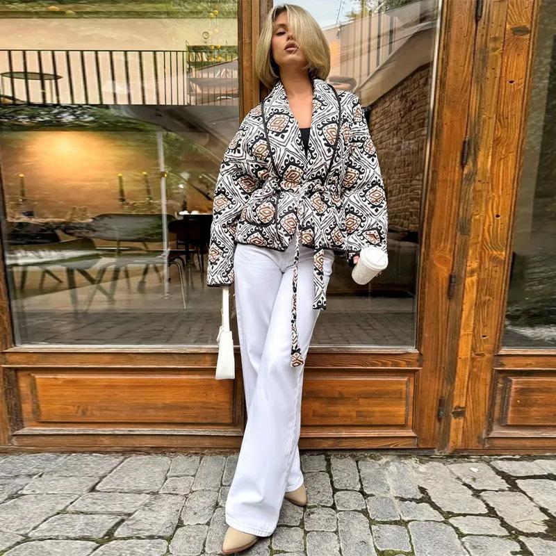 Printed Lace Up Cotton Jacket Lapel Cardigan Thick Warm Women's Oversize Coat Retro Ethnic Style Autumn/Winter 2025