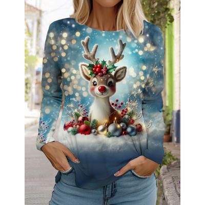 Женская футболка с длинным рукавом и рождественским принтом оленей, спортивный повседневный милый полиэстер с круглым вырезом и длинным рукавом