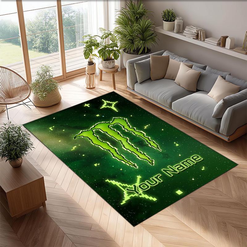 Monster Energy Crystal Velvet Rug, Custom Name Text Personalized Non‑Slip Floor Mat for Home Decor Gift