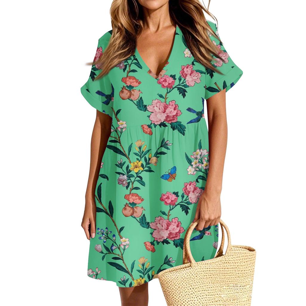 Женское повседневное модное платье с винтажным цветочным принтом и коротким рукавом и V-образным вырезом
