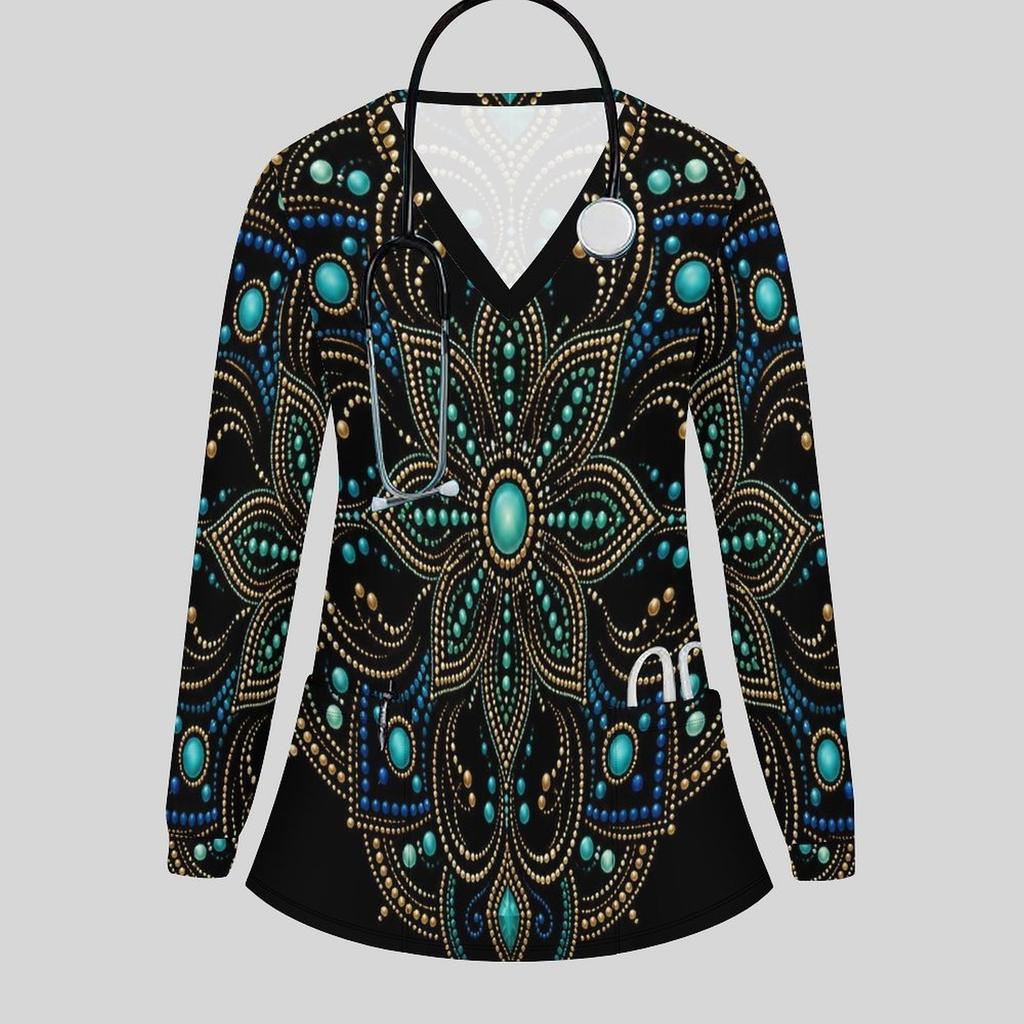 Women Plus Size Gem Printed V Neck Long Sleeve Scrub Top With Front Pockets