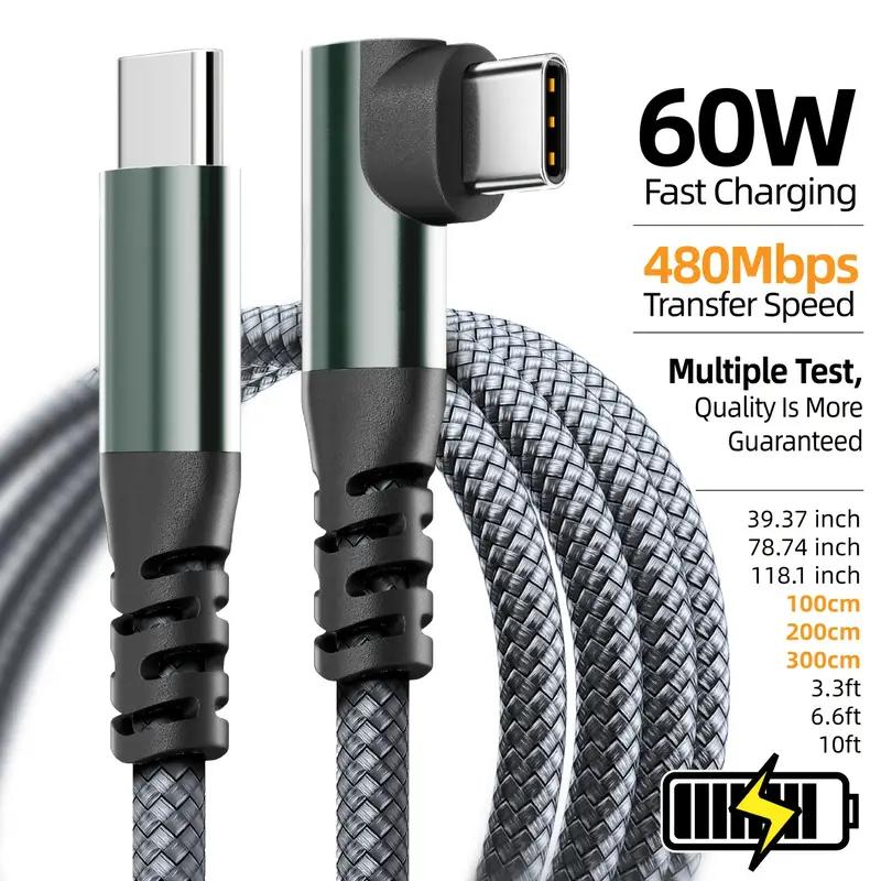 Угловой USB-C на USB-C Кабель 1М 2М 3М 10ФТ, 60Вт PD Быстрая Зарядка Синхронизация Данных Нейлоновая Оплетка Type‑C Зарядный Шнур для iPhone 15 15Plus 15Pro Max Android Планшета