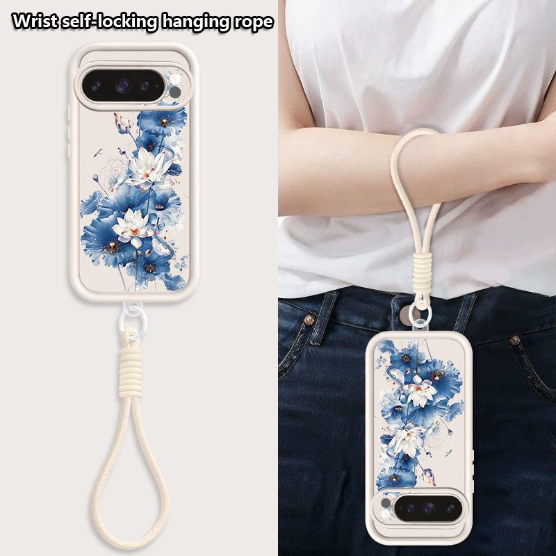 Blue Lily Flower Pattern Phone Case For Google Pixel 10 9 8 7 Pro Pixel 9 10 Pro XL 7A 8A 9A Shockproof TPU Soft Lanyard Cover