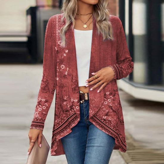 Женское осенне-весеннее пальто Vinage с цветочным принтом и открытой строчкой с длинным рукавом, неровный подол, свободная шаль в этническом стиле, женская куртка-кардиган средней длины, шаль