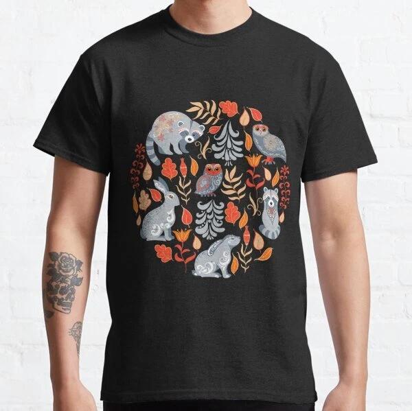 Fairy forest with animals and birds. Raccoons, owls, bunnies T-Shirt S-3XL
