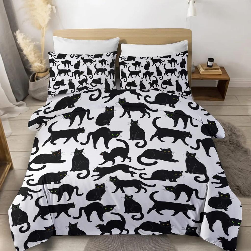 Witch Black Cat Duvet Cover Set Full,Cat Sitting on Moon Bedding Set Vintage Gothic Animals Cat Comforter Cover 2/3pcs Bed Sets