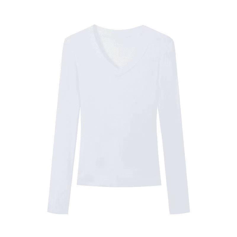 Женский облегающий топ с V-образным вырезом и длинными рукавами 2024 года: Универсальный прямой крой для осени/зимы.