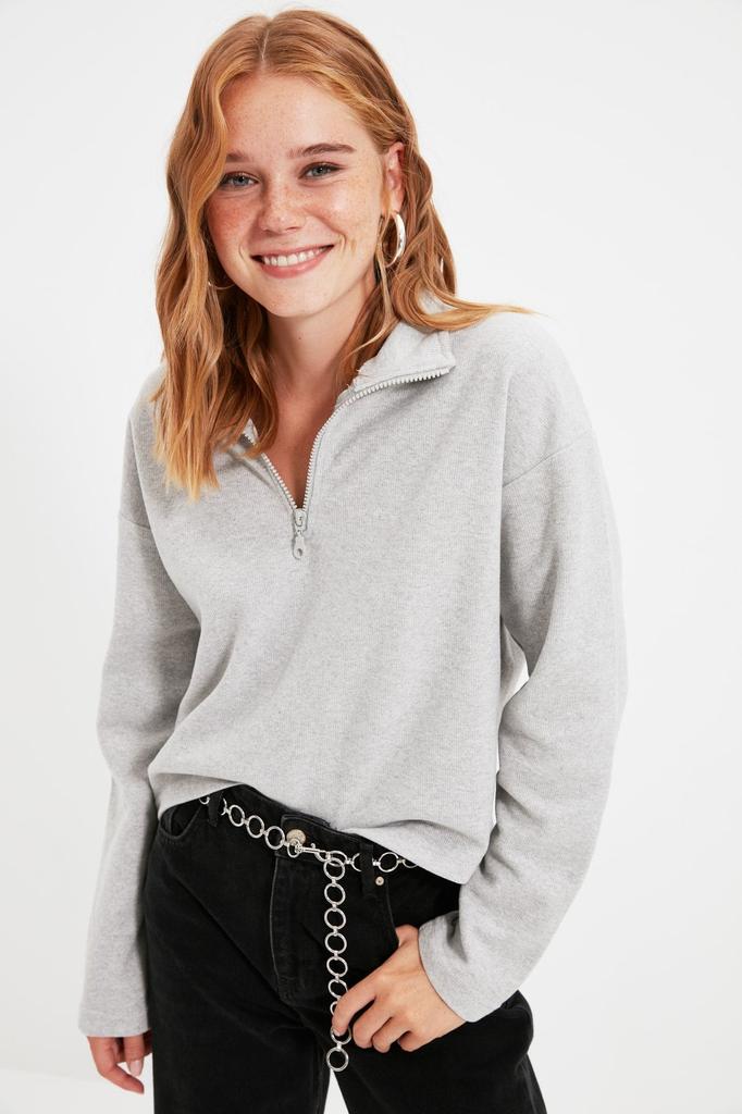 Women's Fashionable Stylish Sweatshirt Black Thessaloniki Knitwear Look Zipper Collar Regular Normal Fit Knitted Sweatshirt