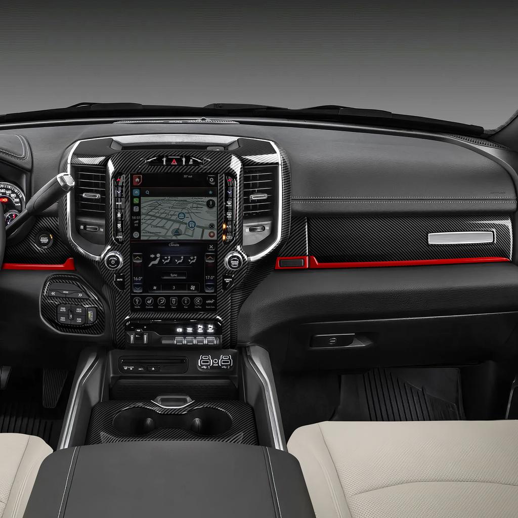 For Dodge RAM 1500 2500 3500 2019-2026 Car Center Console Dashboard Panel Cover Carbon Fiber Red Line Interior Sticker ABS Trim