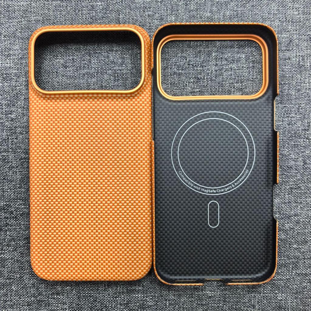 Применимый тонкий защитный чехол для iPhone 17 Pro Max из углеродного волокна и кевлара - Оранжевый