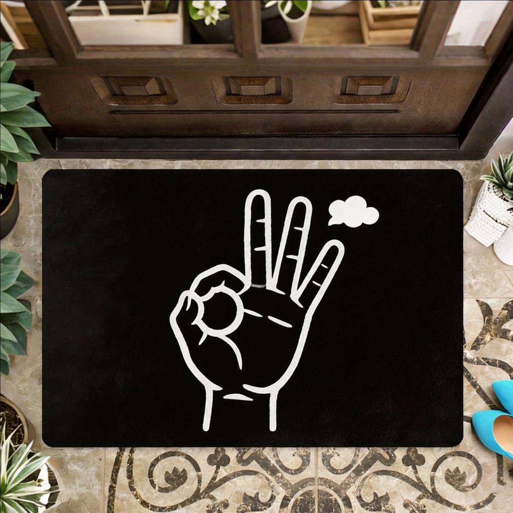 Love Hand Gesture Floor Mat 1pc – Black White ASL Sign with Heart, Playful Indoor Doormat for Entryway and Living Room