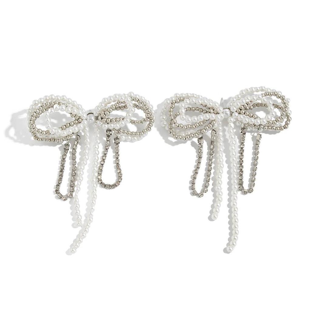 SHIXIN Exquisite Imitation Pearl Bowknot Stud Earrings for Women Elegant Luxury Geometric Big Earrings Wedding Bridal Jewelry