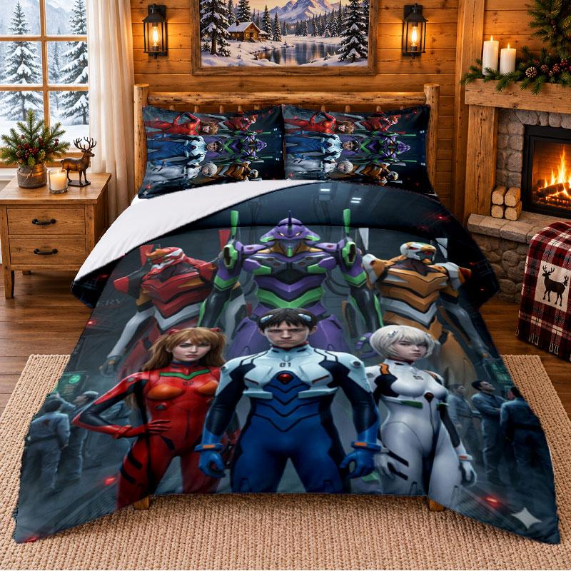 Neon Genesis Evangelion Pattern Bedding 3Pcs Set Bed Sheet And Pillowcases For Indoor Bedroom
