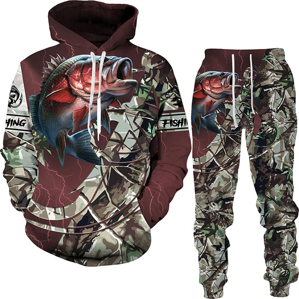 Весна-Осень с 3D принтом рыбы для мужчин и женщин толстовка + брюки комплекты из 2 предметов камуфляжная одежда для рыбалки, охоты и кемпинга модная спортивная одежда на открытом воздухе комплект