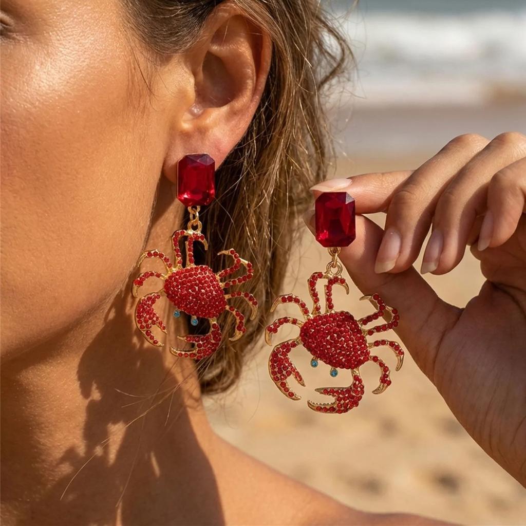 Summer Full Rhinestone Crab Earrings for Women Red Crystal Zircon Cute Sea Animal Drop Earring Beach Vacation Statement Zircon