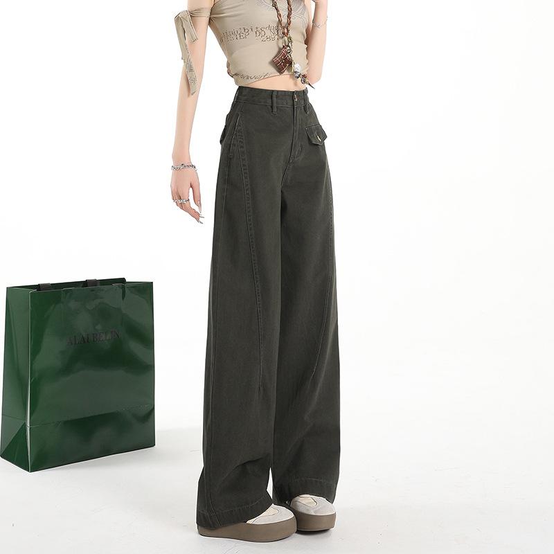 1111 #American retro army green tooling jeans women's new Spice Girl slim high-waisted wide-leg pants tide