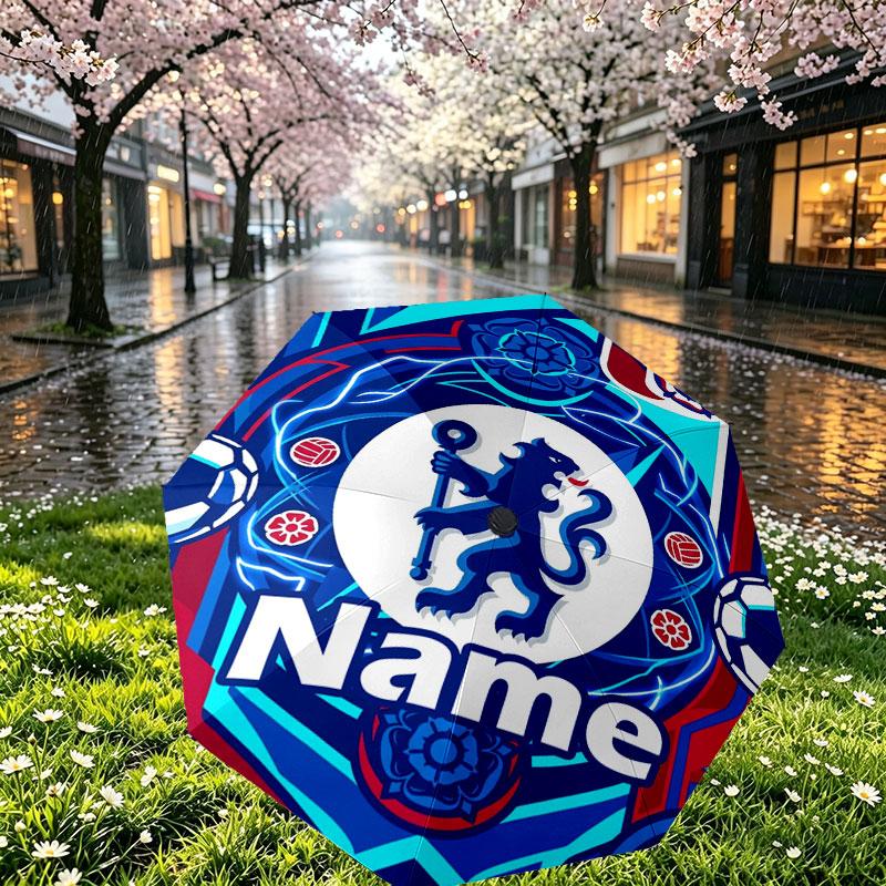 Custom Name Personalized Chelsea Football Club Print Umbrella, Auto Open Close, 8‑Rib Sturdy Frame, Commute Camping Hiking Use, Birthday Gift